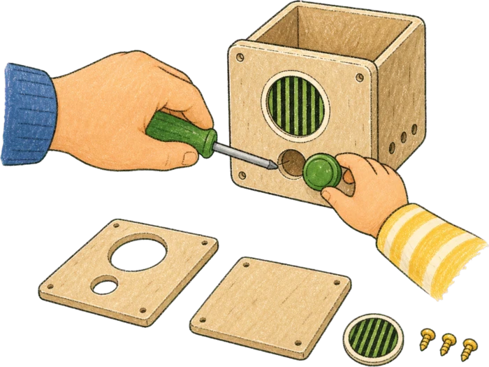 Adult and child hands assembling a Button Box kit